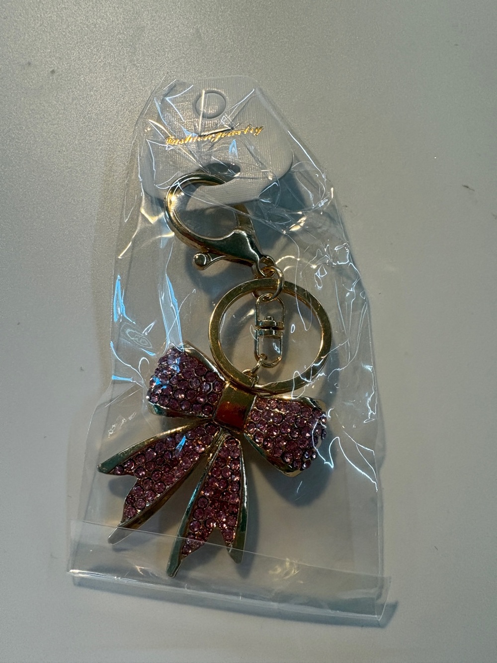 Sparkling Pink Bow Keychain with Gold Hardware